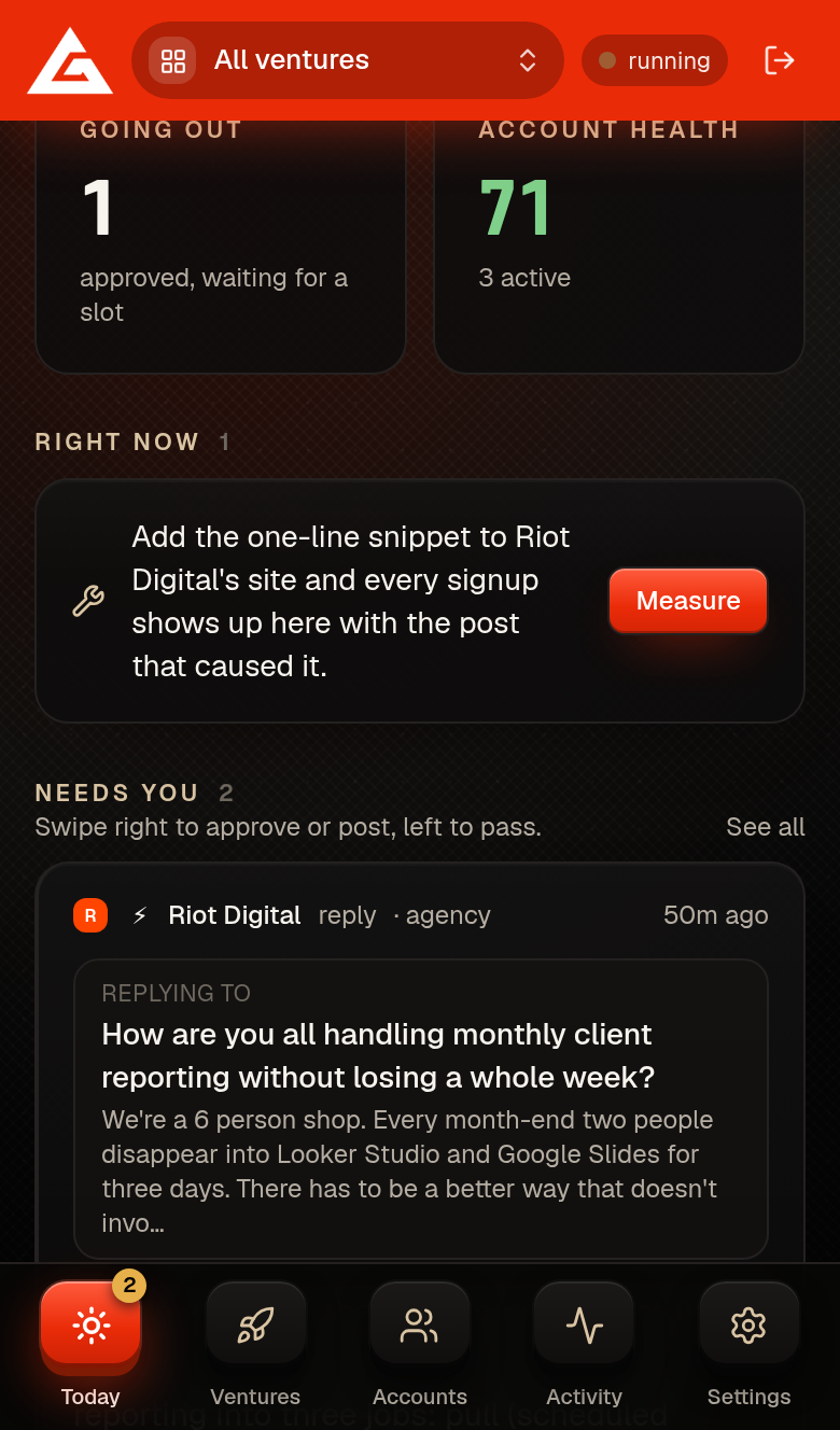 The Today feed on a phone: a draft reply waiting for a swipe