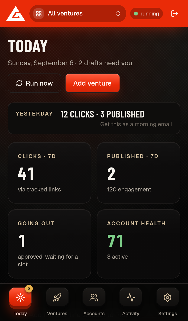 The Today feed with what the agents found